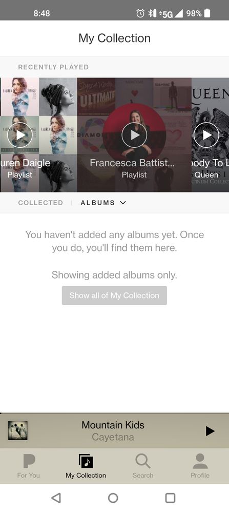 Screen shot playlist/albums/songs at top