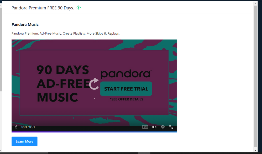 when I click on the banner, this came up. I followed the link to the pandora site, it all was legit. But the promo period was wrong.